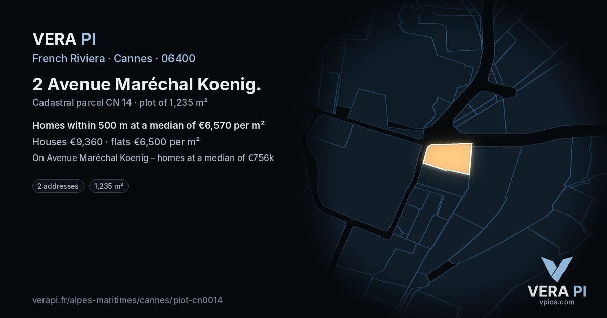 2 Avenue Maréchal Koenig, Cannes at night – the plot lit, the parcels around coloured by the prices near them