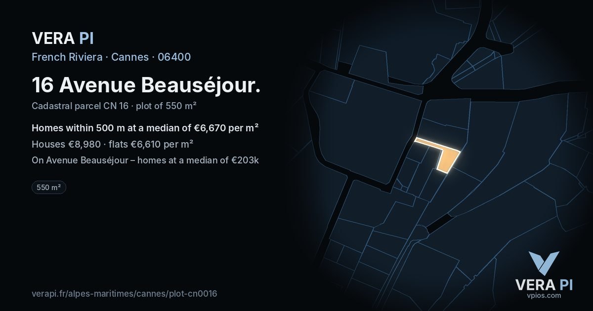 16 Avenue Beauséjour, Cannes at night – the plot lit, the parcels around coloured by the prices near them