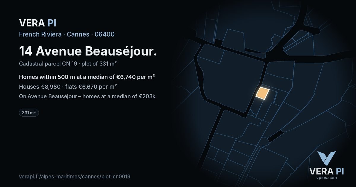 14 Avenue Beauséjour, Cannes at night – the plot lit, the parcels around coloured by the prices near them