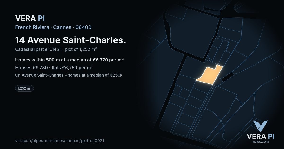 14 Avenue Saint-Charles, Cannes at night – the plot lit, the parcels around coloured by the prices near them