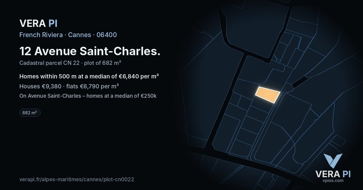 12 Avenue Saint-Charles, Cannes at night – the plot lit, the parcels around coloured by the prices near them