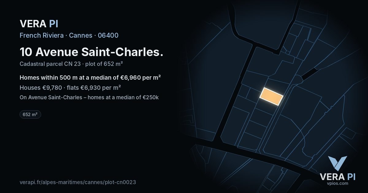 10 Avenue Saint-Charles, Cannes at night – the plot lit, the parcels around coloured by the prices near them