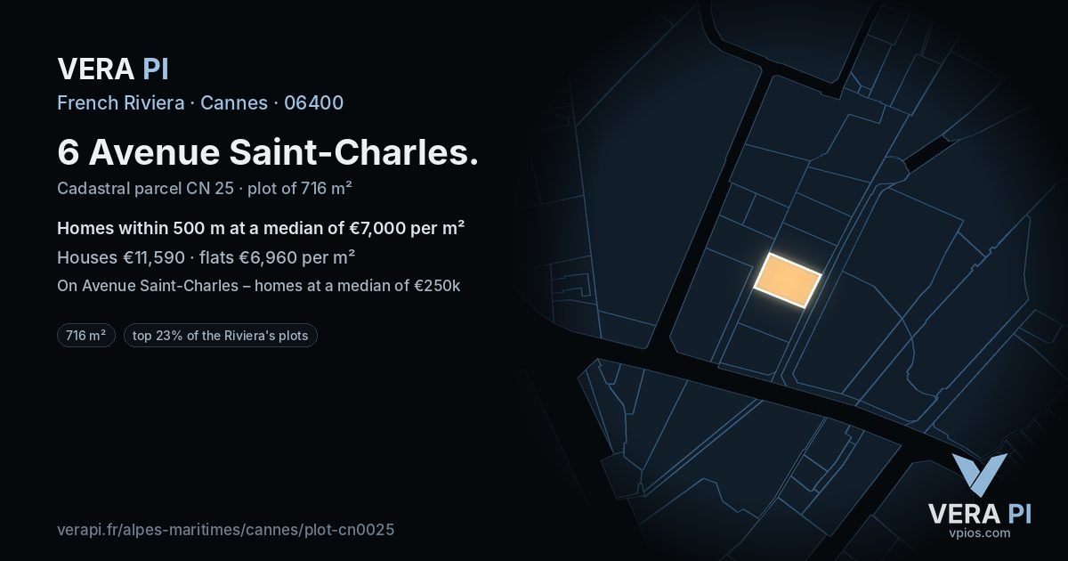 6 Avenue Saint-Charles, Cannes at night – the plot lit, the parcels around coloured by the prices near them