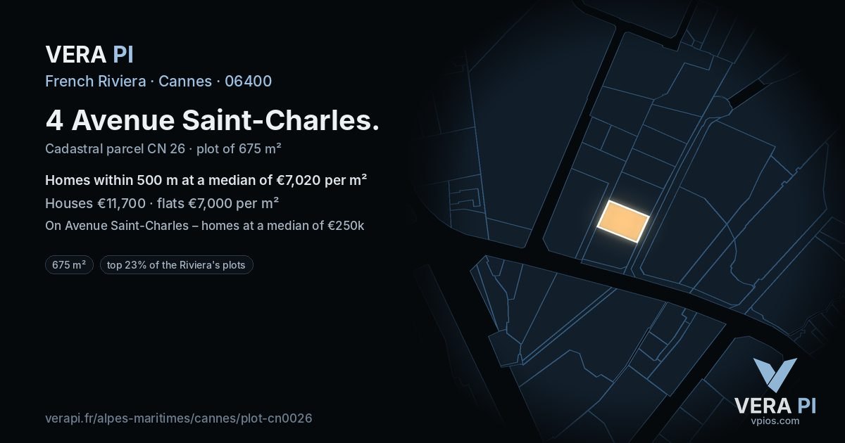 4 Avenue Saint-Charles, Cannes at night – the plot lit, the parcels around coloured by the prices near them