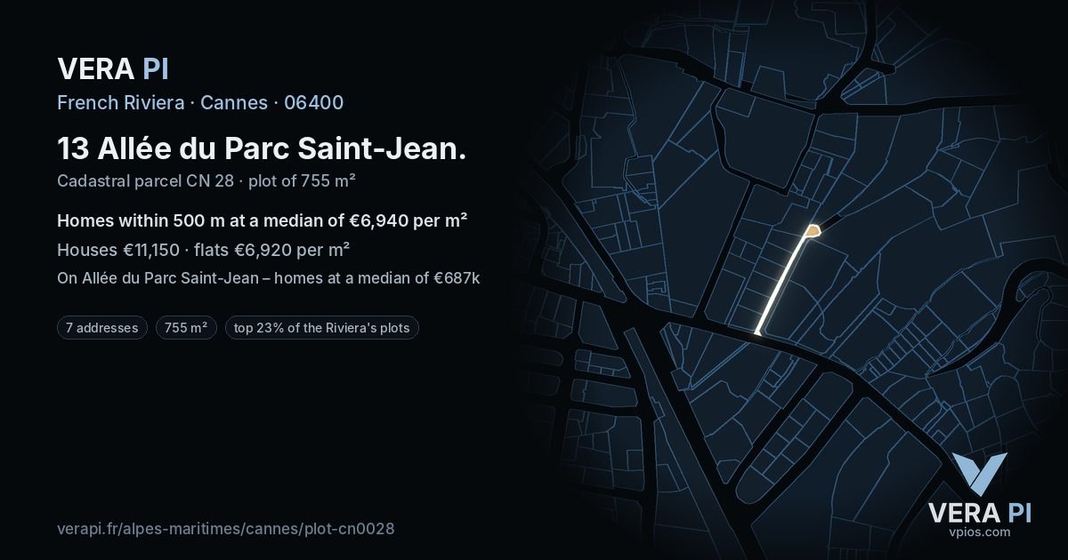 13 Allée du Parc Saint-Jean, Cannes at night – the plot lit, the parcels around coloured by the prices near them