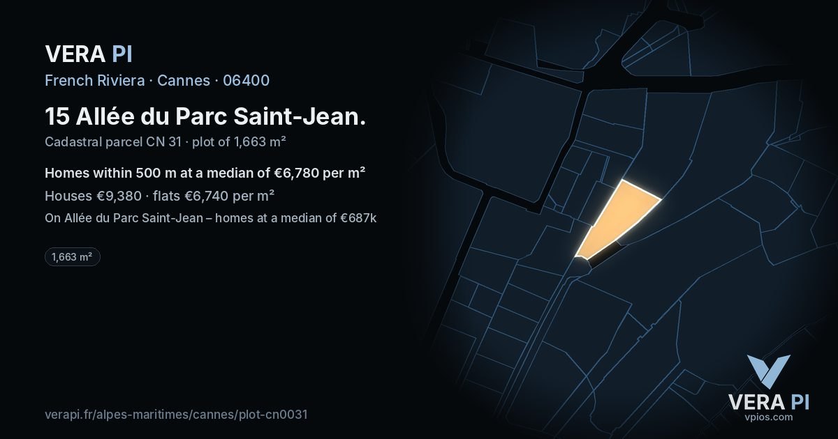 15 Allée du Parc Saint-Jean, Cannes at night – the plot lit, the parcels around coloured by the prices near them