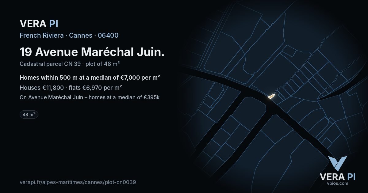 19 Avenue Maréchal Juin, Cannes at night – the plot lit, the parcels around coloured by the prices near them