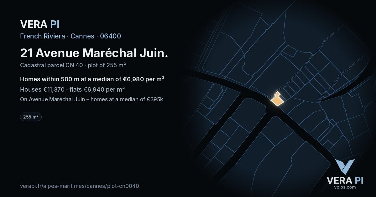 21 Avenue Maréchal Juin, Cannes at night – the plot lit, the parcels around coloured by the prices near them