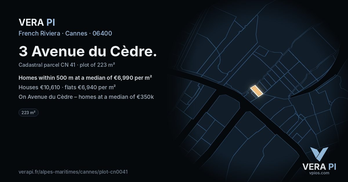 3 Avenue du Cèdre, Cannes at night – the plot lit, the parcels around coloured by the prices near them