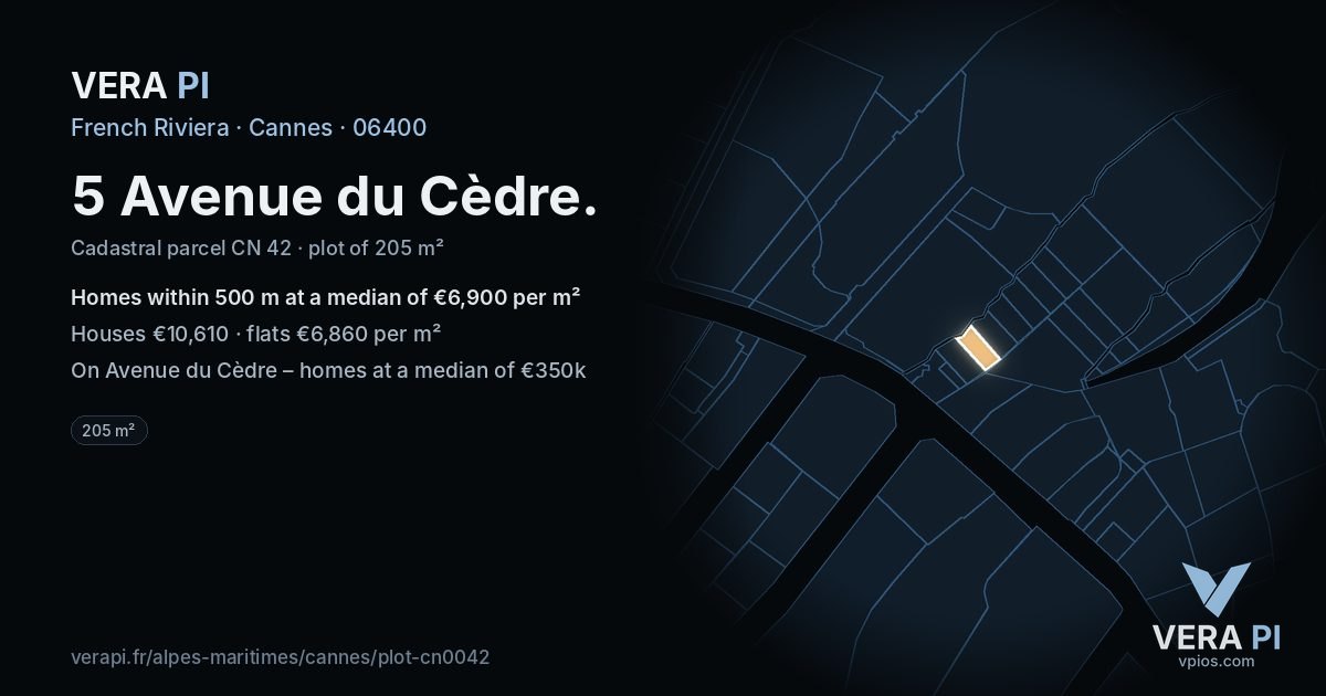 5 Avenue du Cèdre, Cannes at night – the plot lit, the parcels around coloured by the prices near them