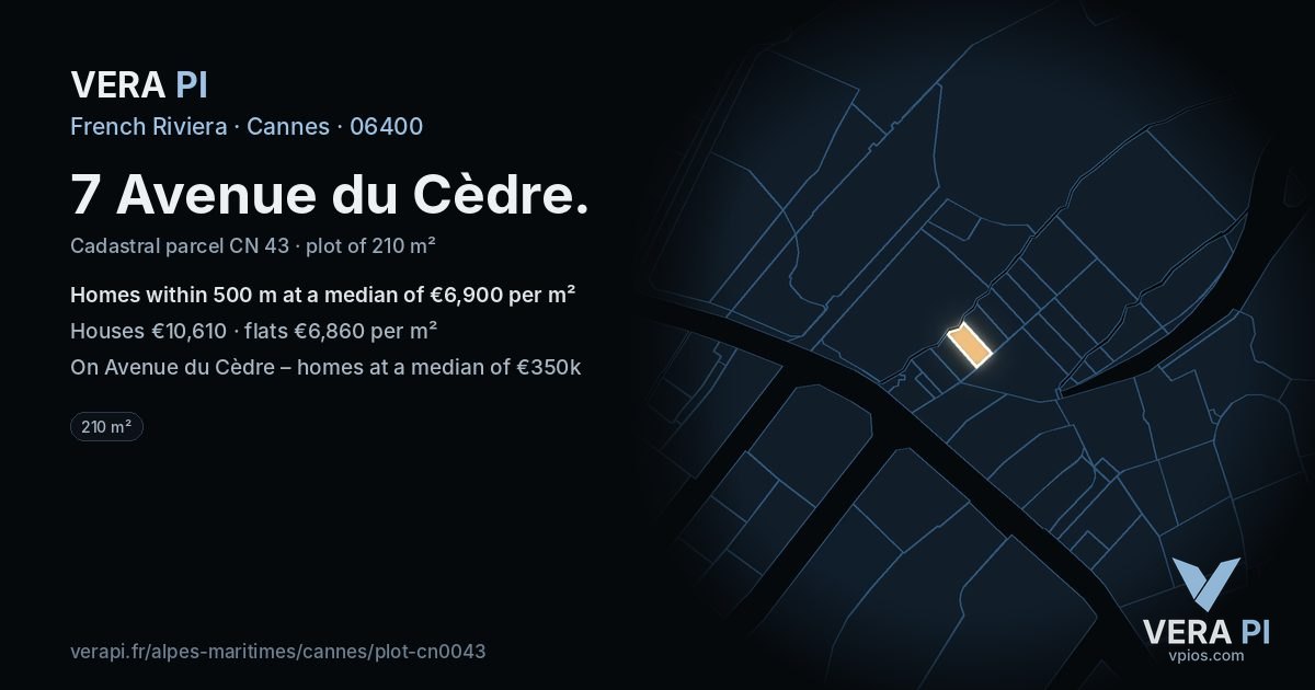 7 Avenue du Cèdre, Cannes at night – the plot lit, the parcels around coloured by the prices near them