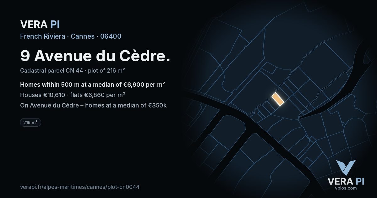 9 Avenue du Cèdre, Cannes at night – the plot lit, the parcels around coloured by the prices near them