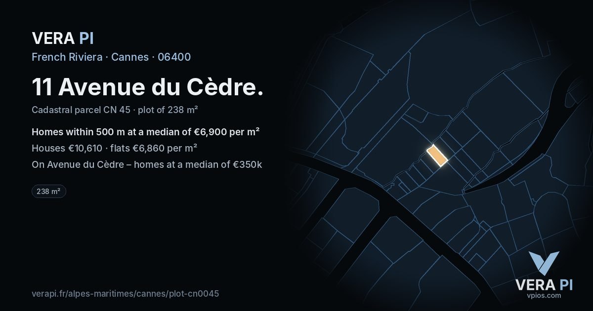 11 Avenue du Cèdre, Cannes at night – the plot lit, the parcels around coloured by the prices near them