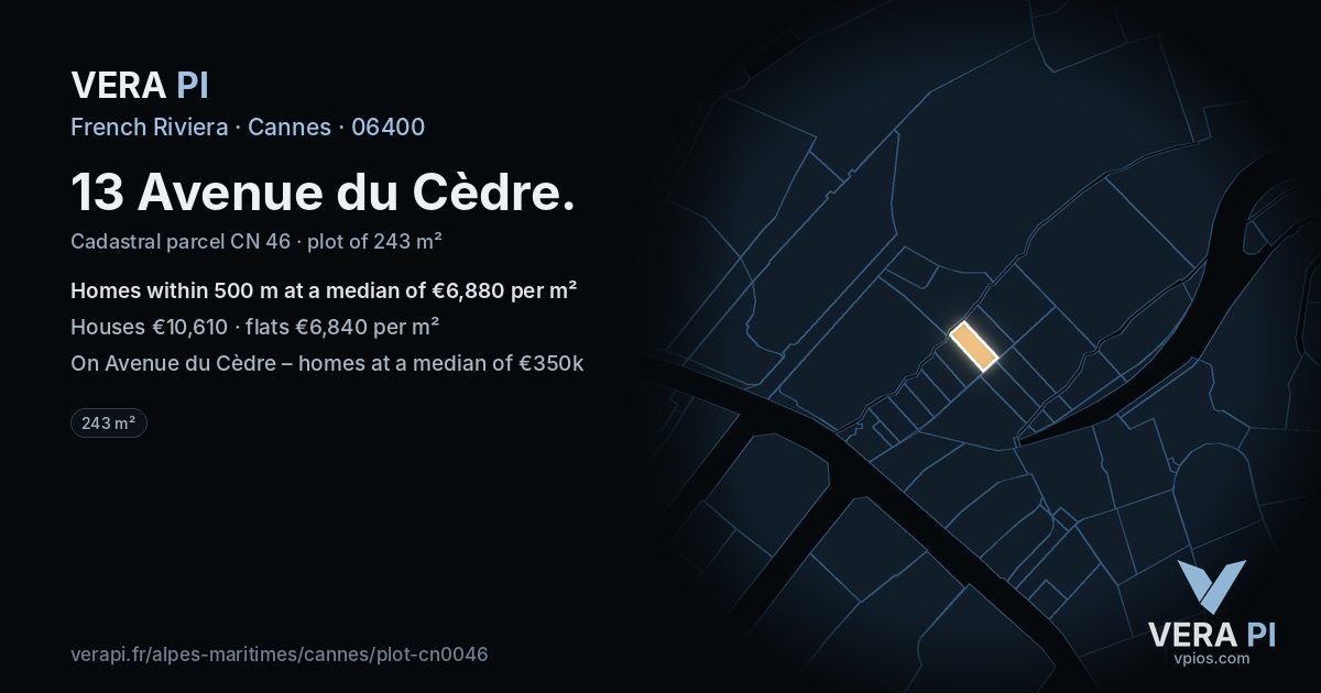 13 Avenue du Cèdre, Cannes at night – the plot lit, the parcels around coloured by the prices near them