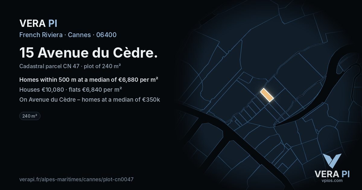 15 Avenue du Cèdre, Cannes at night – the plot lit, the parcels around coloured by the prices near them