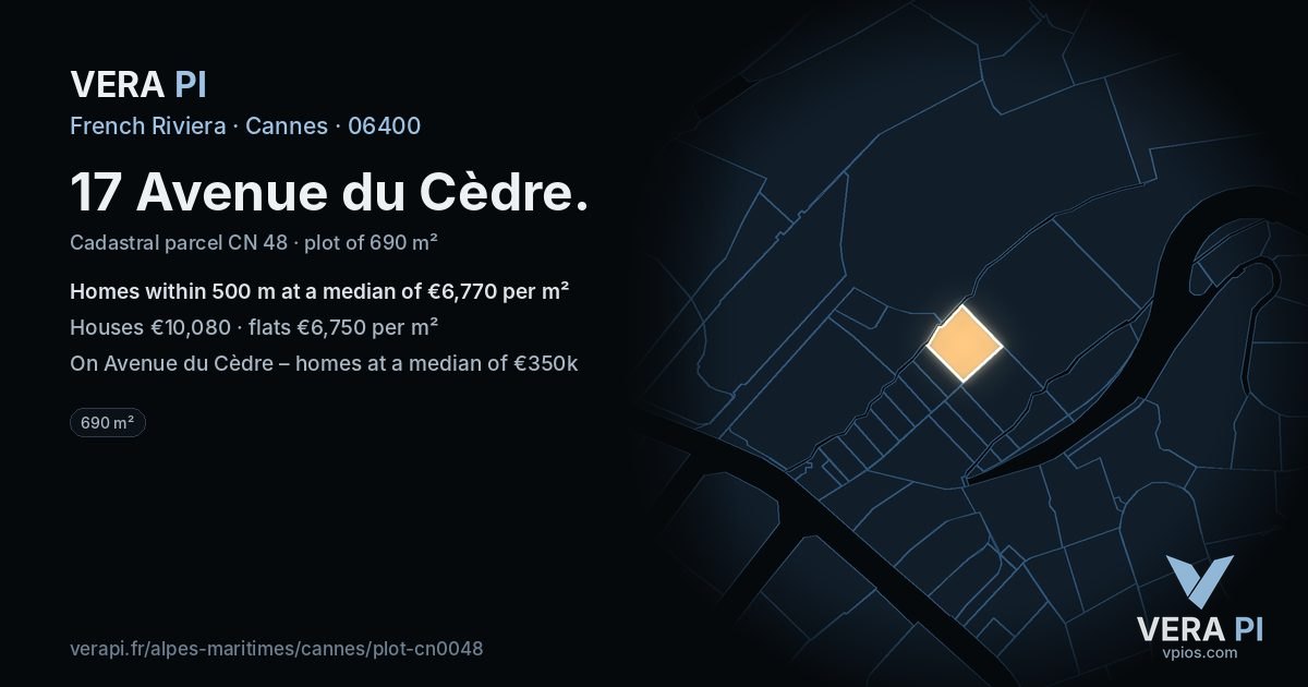 17 Avenue du Cèdre, Cannes at night – the plot lit, the parcels around coloured by the prices near them