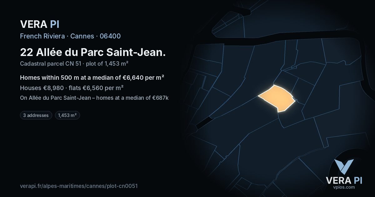 22 Allée du Parc Saint-Jean, Cannes at night – the plot lit, the parcels around coloured by the prices near them
