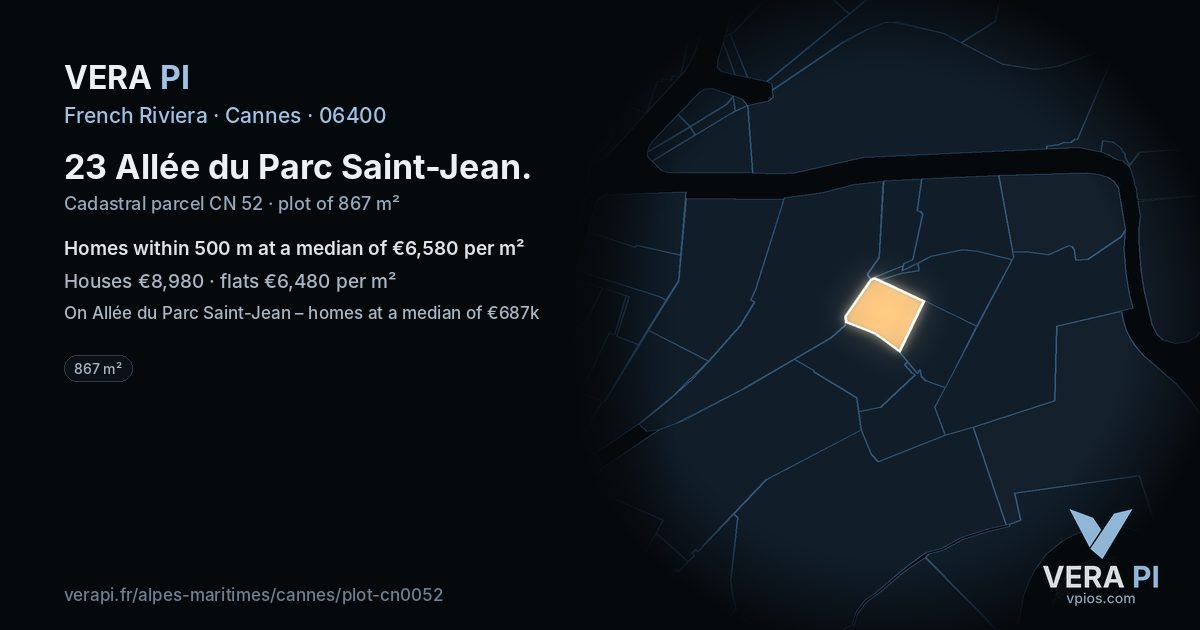 23 Allée du Parc Saint-Jean, Cannes at night – the plot lit, the parcels around coloured by the prices near them