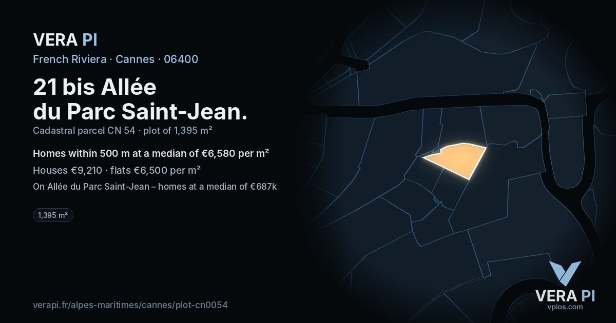 21 bis Allée du Parc Saint-Jean, Cannes at night – the plot lit, the parcels around coloured by the prices near them