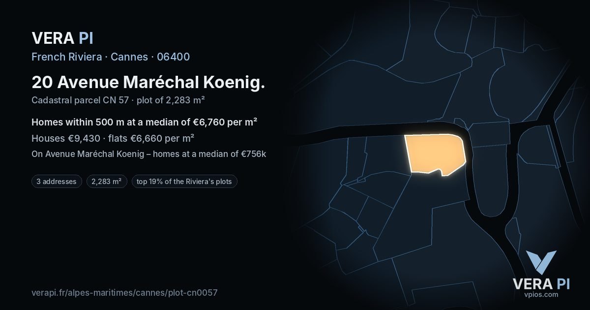 20 Avenue Maréchal Koenig, Cannes at night – the plot lit, the parcels around coloured by the prices near them