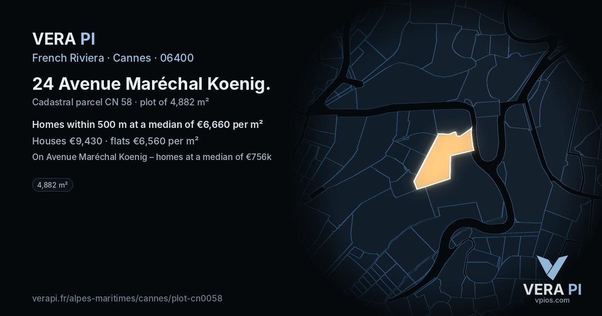 24 Avenue Maréchal Koenig, Cannes at night – the plot lit, the parcels around coloured by the prices near them