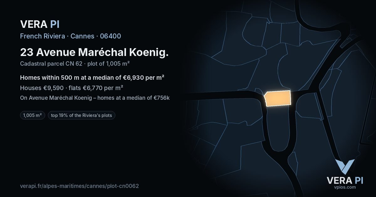23 Avenue Maréchal Koenig, Cannes at night – the plot lit, the parcels around coloured by the prices near them
