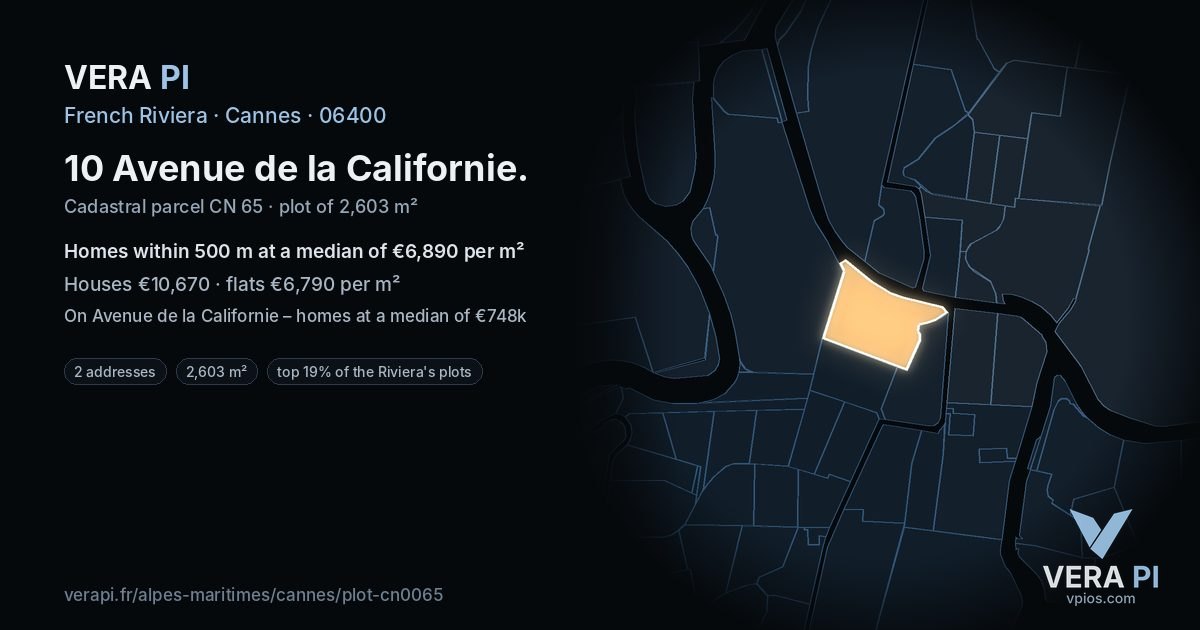 10 Avenue de la Californie, Cannes at night – the plot lit, the parcels around coloured by the prices near them