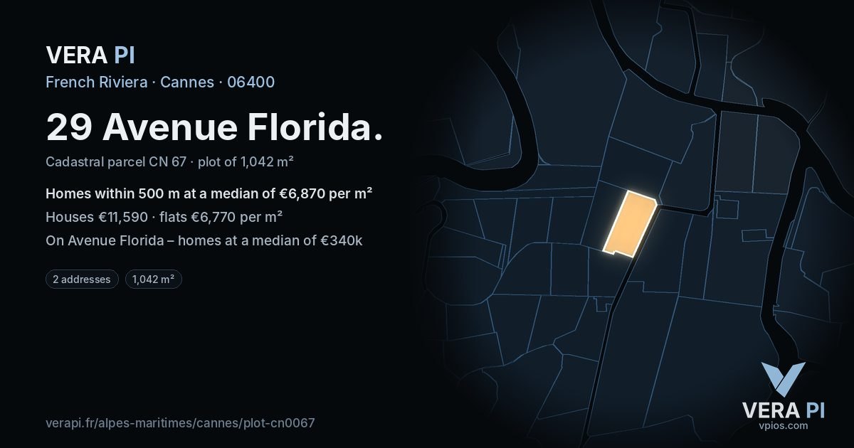 29 Avenue Florida, Cannes at night – the plot lit, the parcels around coloured by the prices near them