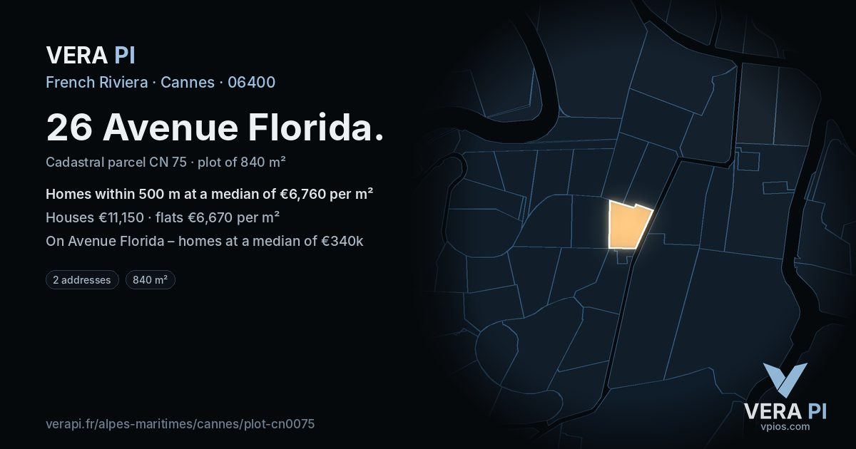 26 Avenue Florida, Cannes at night – the plot lit, the parcels around coloured by the prices near them