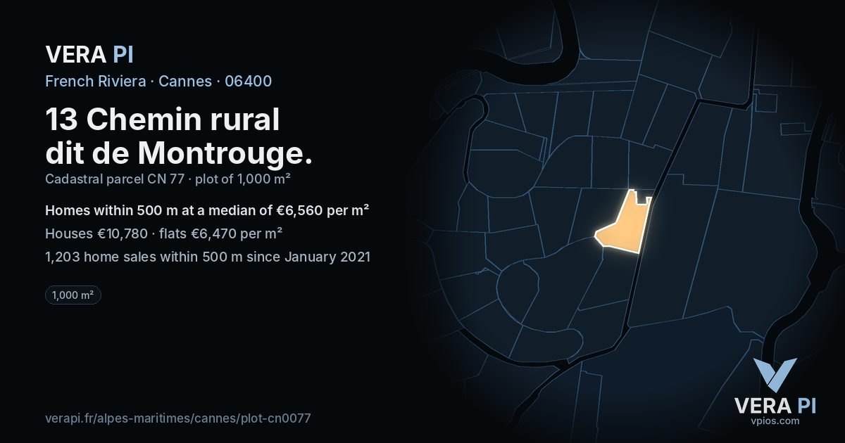 13 Chemin rural dit de Montrouge, Cannes at night – the plot lit, the parcels around coloured by the prices near them