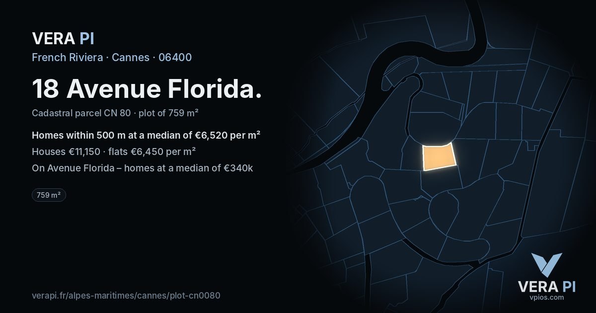 18 Avenue Florida, Cannes at night – the plot lit, the parcels around coloured by the prices near them