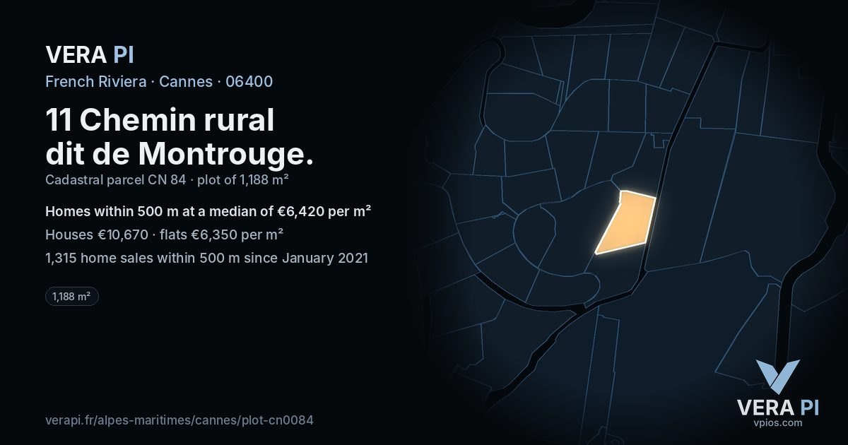 11 Chemin rural dit de Montrouge, Cannes at night – the plot lit, the parcels around coloured by the prices near them