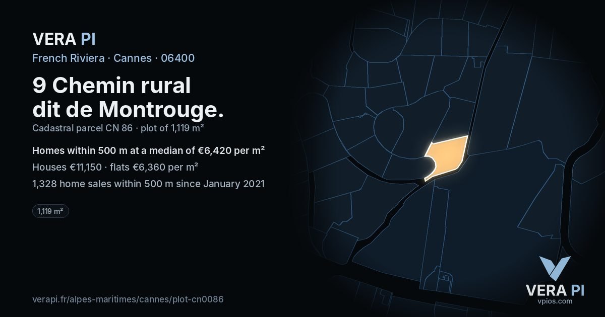9 Chemin rural dit de Montrouge, Cannes at night – the plot lit, the parcels around coloured by the prices near them