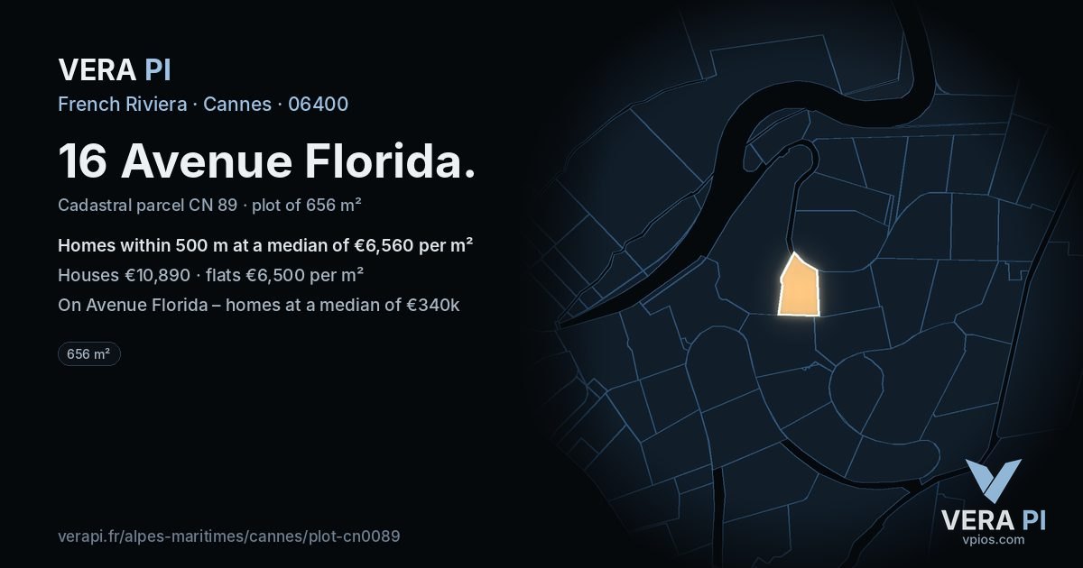 16 Avenue Florida, Cannes at night – the plot lit, the parcels around coloured by the prices near them