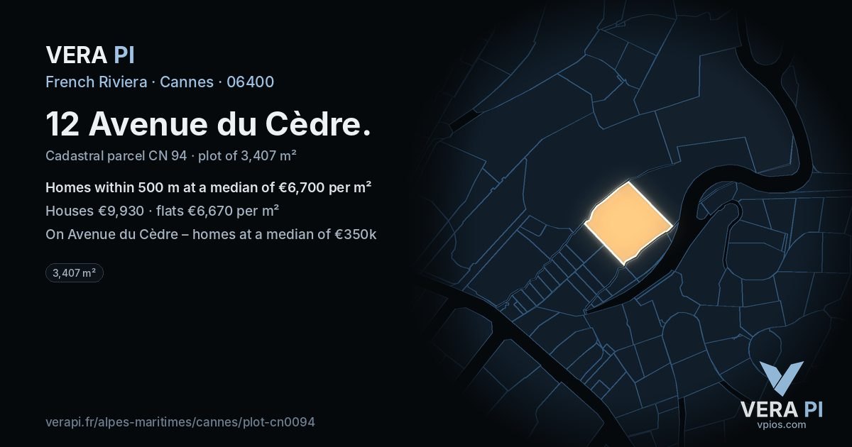 12 Avenue du Cèdre, Cannes at night – the plot lit, the parcels around coloured by the prices near them