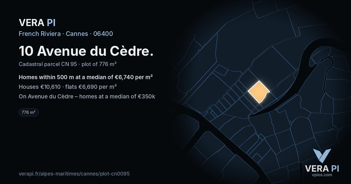 10 Avenue du Cèdre, Cannes at night – the plot lit, the parcels around coloured by the prices near them