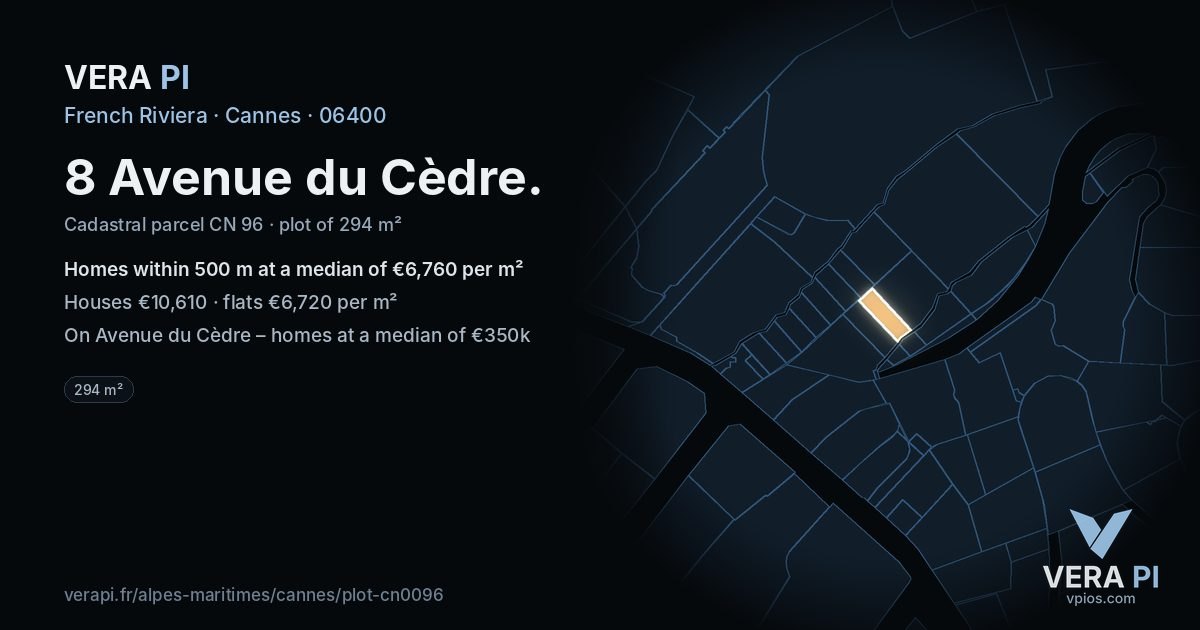 8 Avenue du Cèdre, Cannes at night – the plot lit, the parcels around coloured by the prices near them