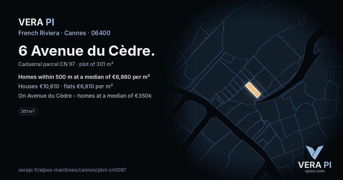 6 Avenue du Cèdre, Cannes at night – the plot lit, the parcels around coloured by the prices near them