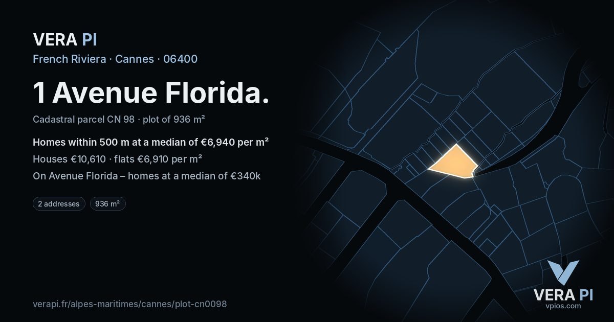 1 Avenue Florida, Cannes at night – the plot lit, the parcels around coloured by the prices near them
