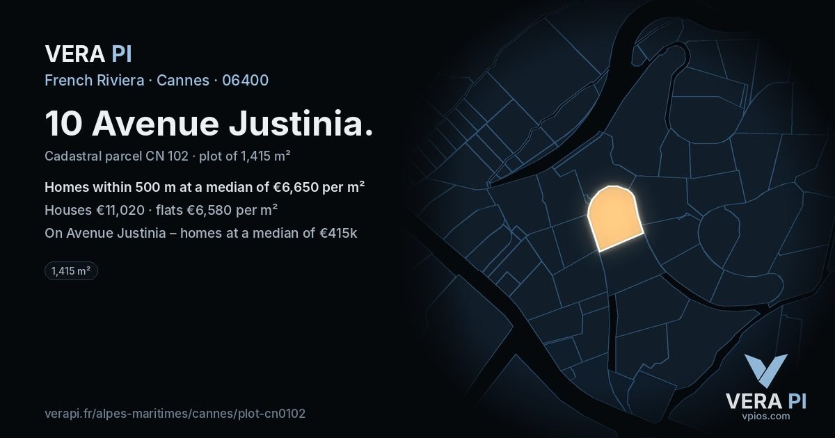 10 Avenue Justinia, Cannes at night – the plot lit, the parcels around coloured by the prices near them
