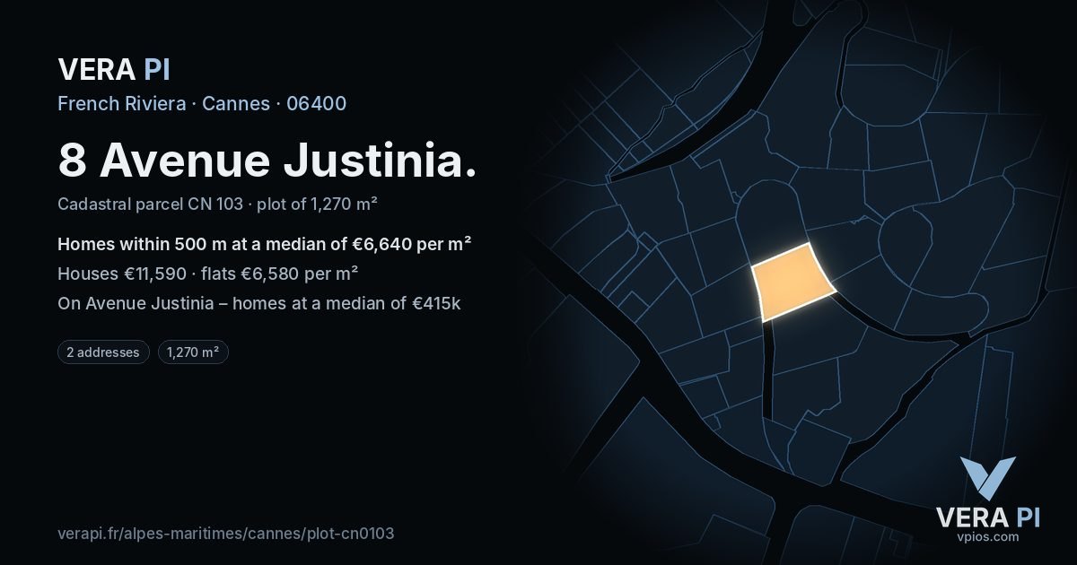 8 Avenue Justinia, Cannes at night – the plot lit, the parcels around coloured by the prices near them