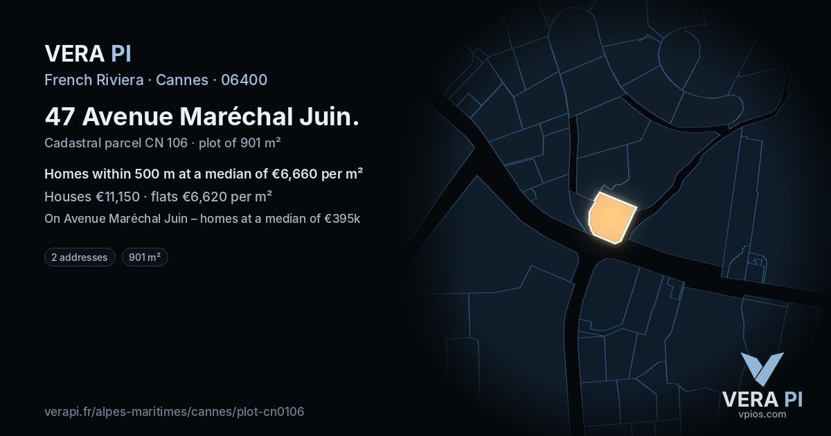 47 Avenue Maréchal Juin, Cannes at night – the plot lit, the parcels around coloured by the prices near them