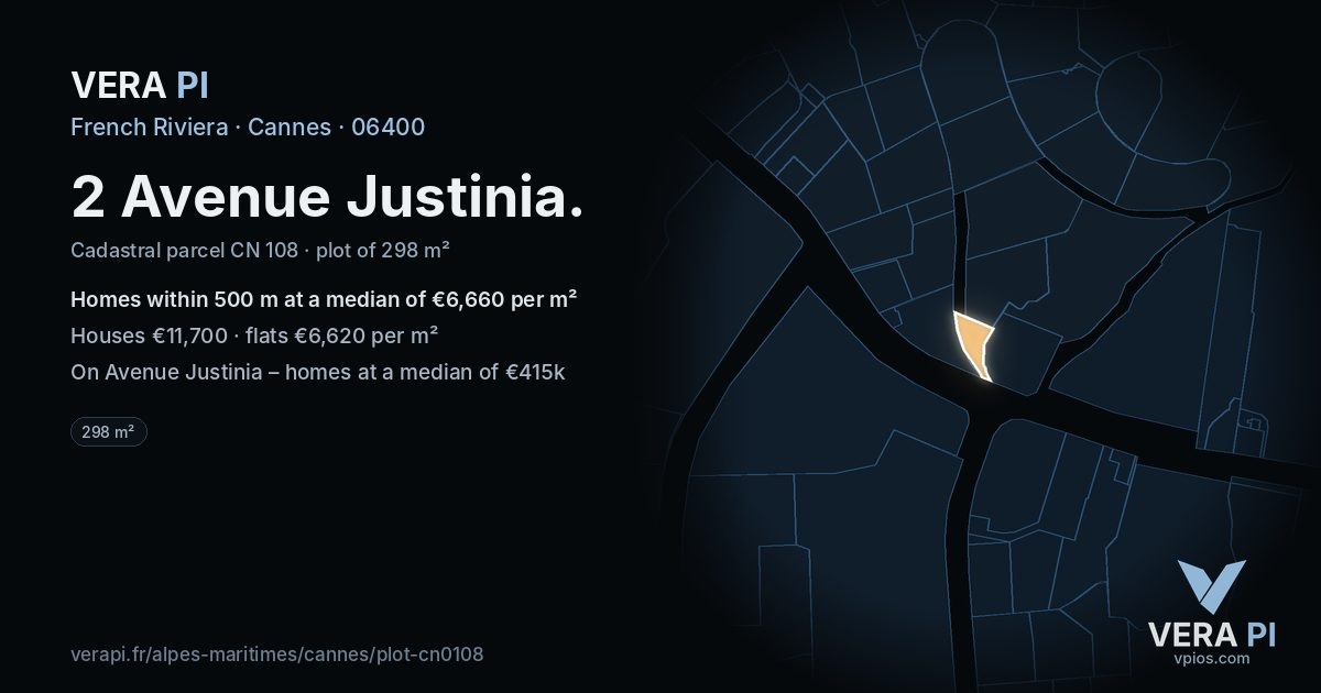 2 Avenue Justinia, Cannes at night – the plot lit, the parcels around coloured by the prices near them