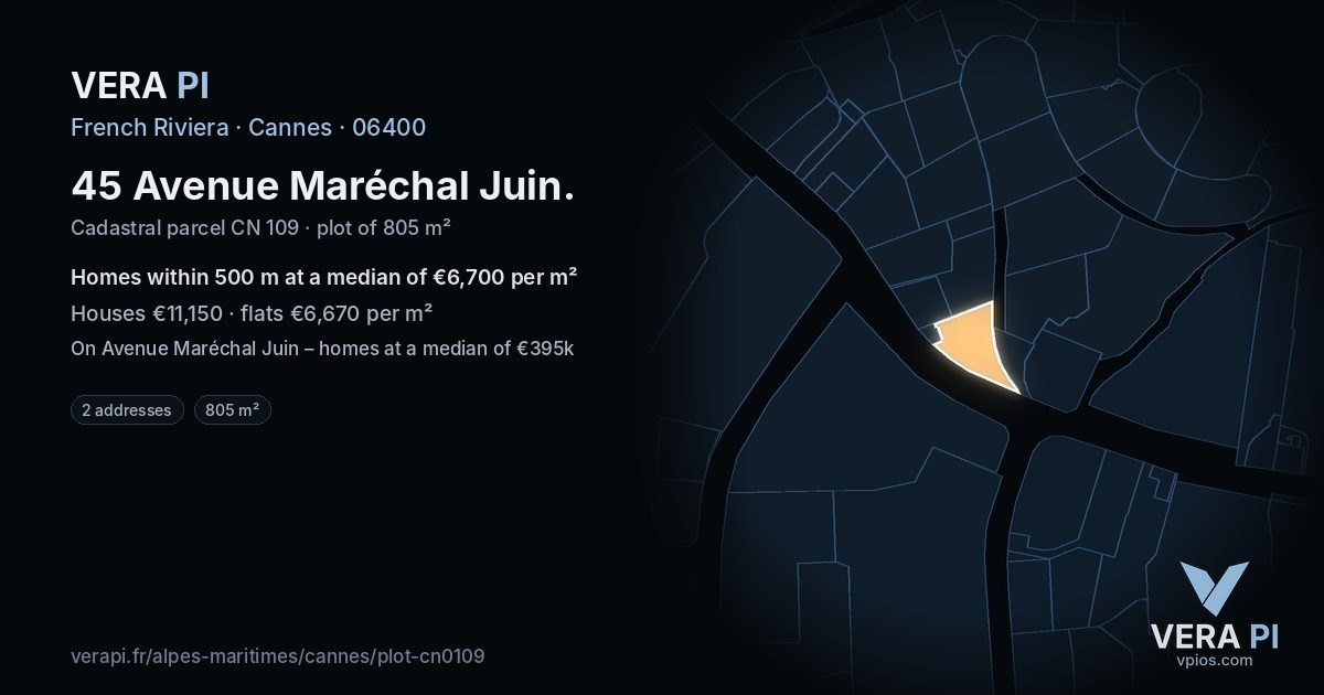 45 Avenue Maréchal Juin, Cannes at night – the plot lit, the parcels around coloured by the prices near them