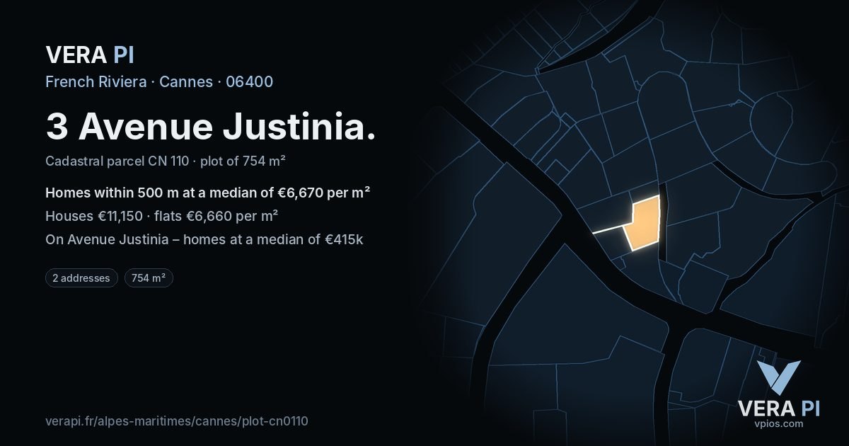 3 Avenue Justinia, Cannes at night – the plot lit, the parcels around coloured by the prices near them