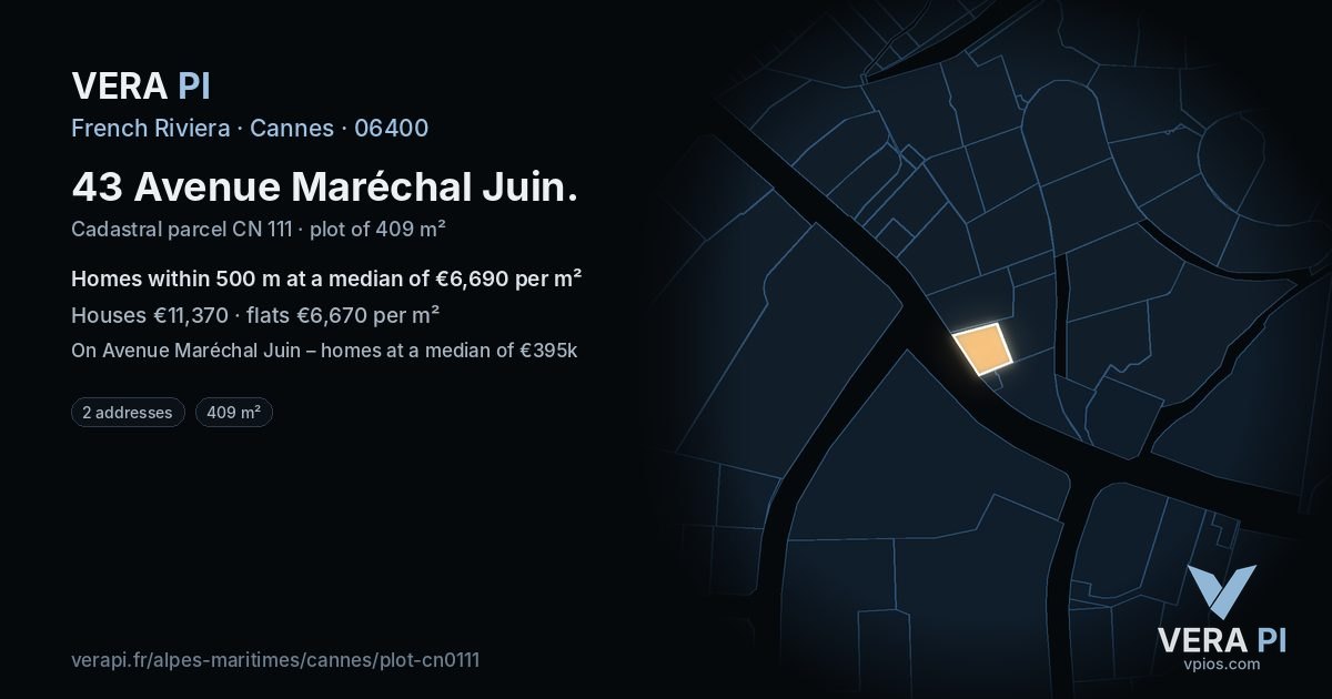 43 Avenue Maréchal Juin, Cannes at night – the plot lit, the parcels around coloured by the prices near them