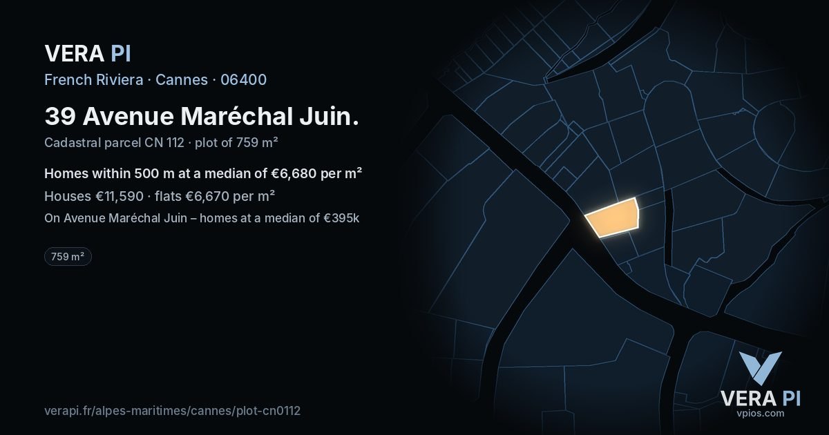 39 Avenue Maréchal Juin, Cannes at night – the plot lit, the parcels around coloured by the prices near them