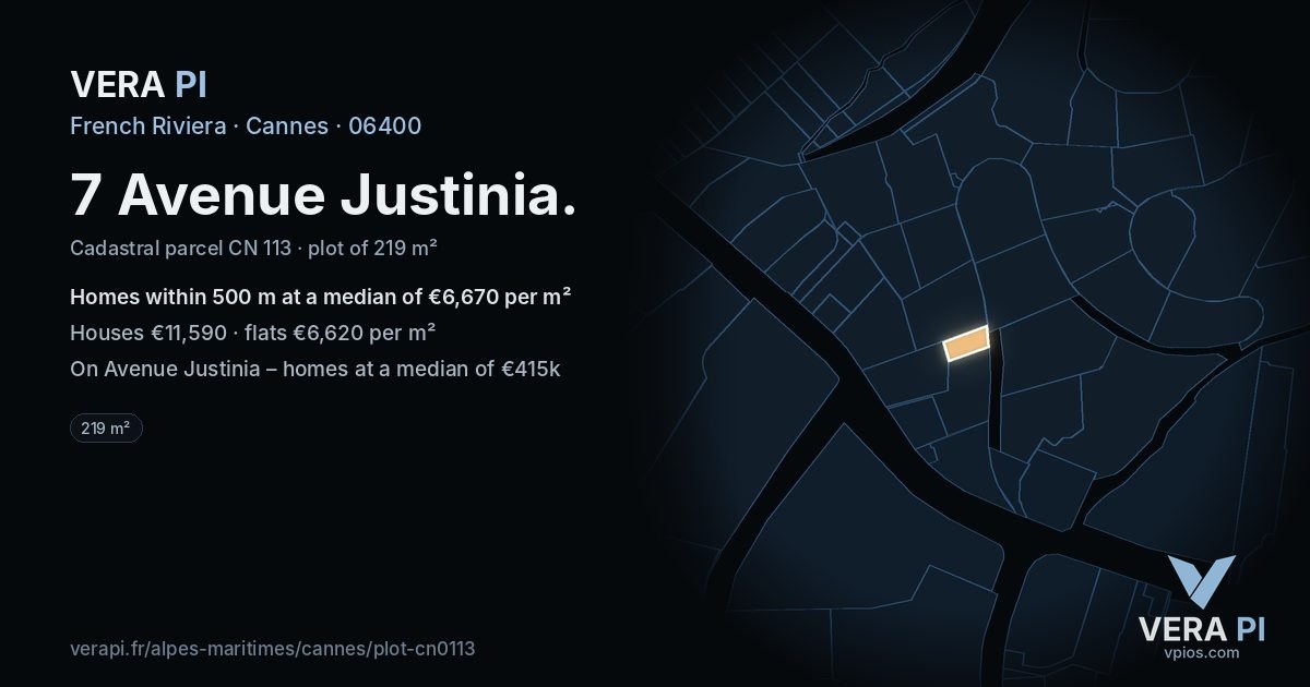 7 Avenue Justinia, Cannes at night – the plot lit, the parcels around coloured by the prices near them