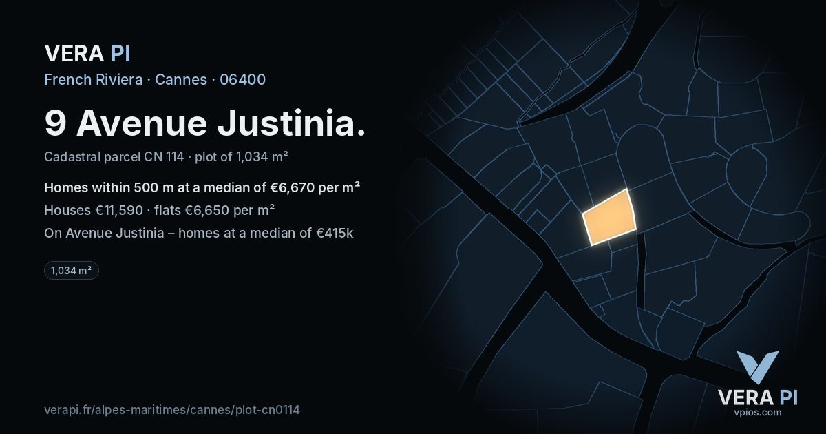 9 Avenue Justinia, Cannes at night – the plot lit, the parcels around coloured by the prices near them