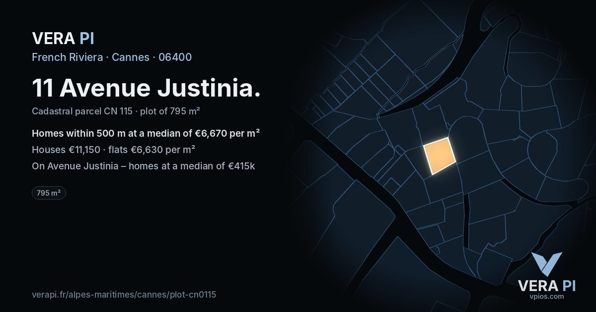 11 Avenue Justinia, Cannes at night – the plot lit, the parcels around coloured by the prices near them